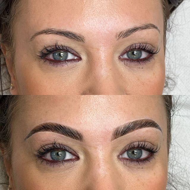 Before and after brow lamination with lifted lashes