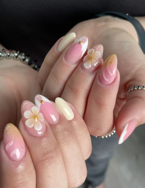 Pastel gel nails with 3D flower detail