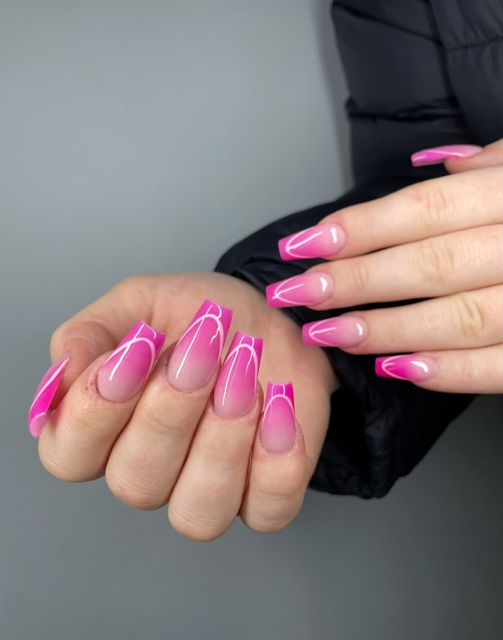 Bright pink double French tip gel nails