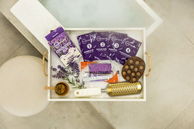Spa pedicure products laid out on a tray
