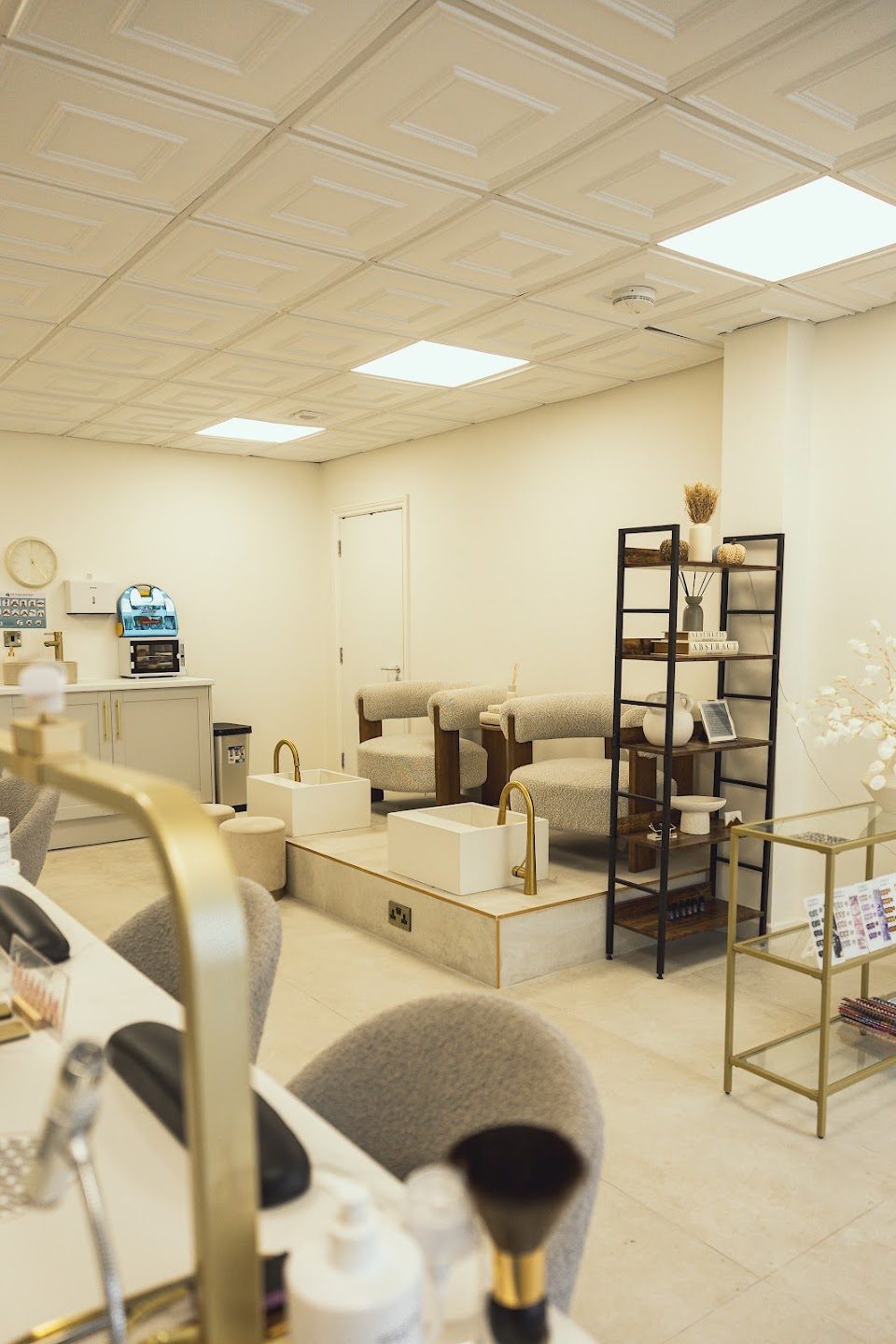 The bright Suukkosan salon interior, nail desk and pedicure area
