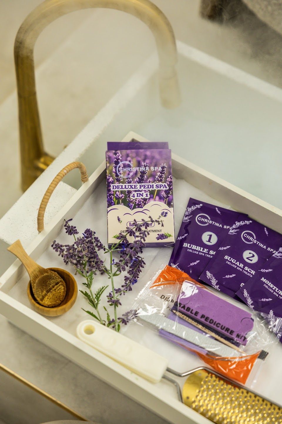 Spa pedicure products and lavender on a tray