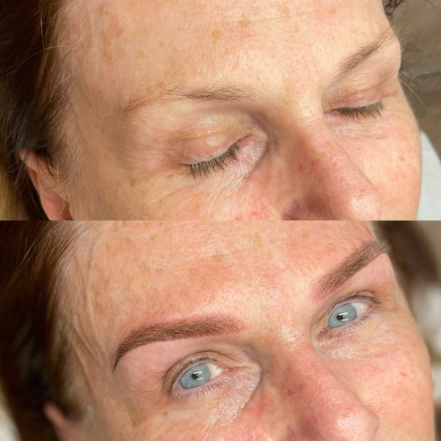 Before and after powder brows on mature skin